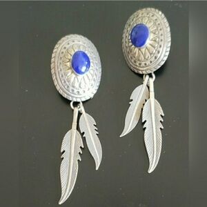 3" Large Vintage Native American Genuine Lapis Sterling Silver Dangle Earrings